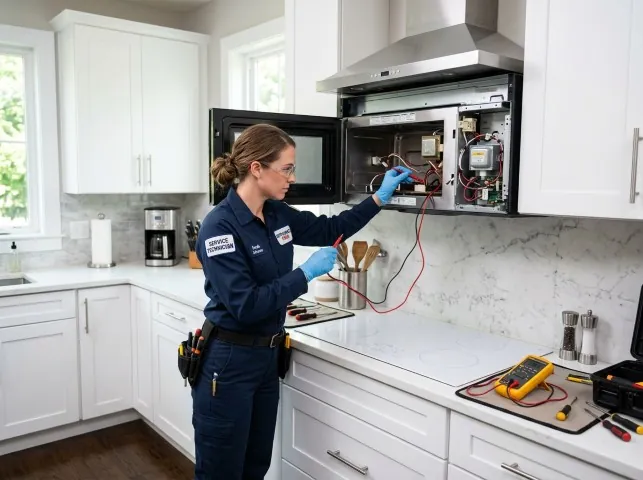 Appliance Repair Hero technician testing an over-the-range microwave in a Absecon, NJ kitchen